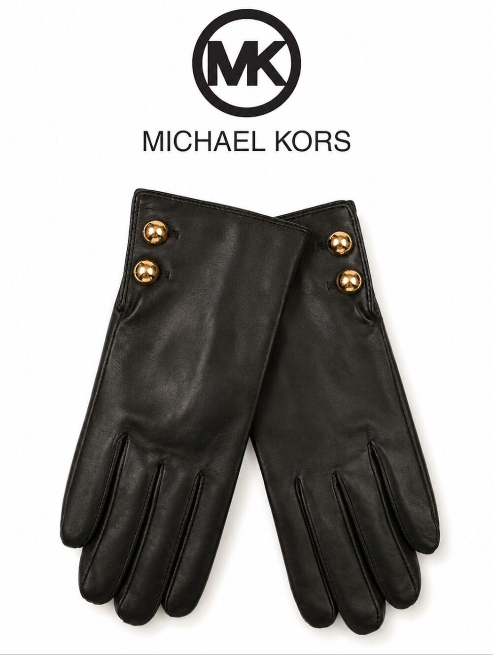 Michael Kors Collection (Retail) Genuine Black Leather Gloves Gold Button Detail